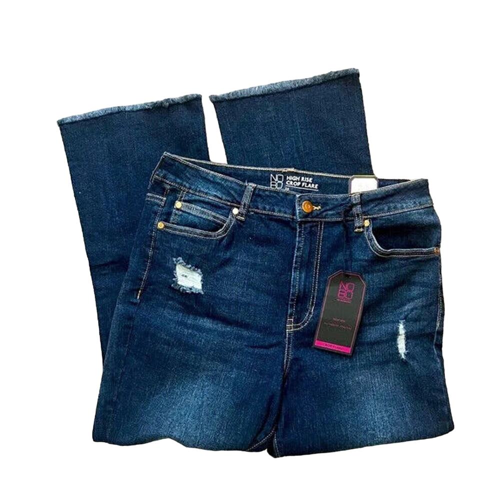 No Boundaries Junior's High Rise Cropped Flare Wash Blue Distressed Size 13